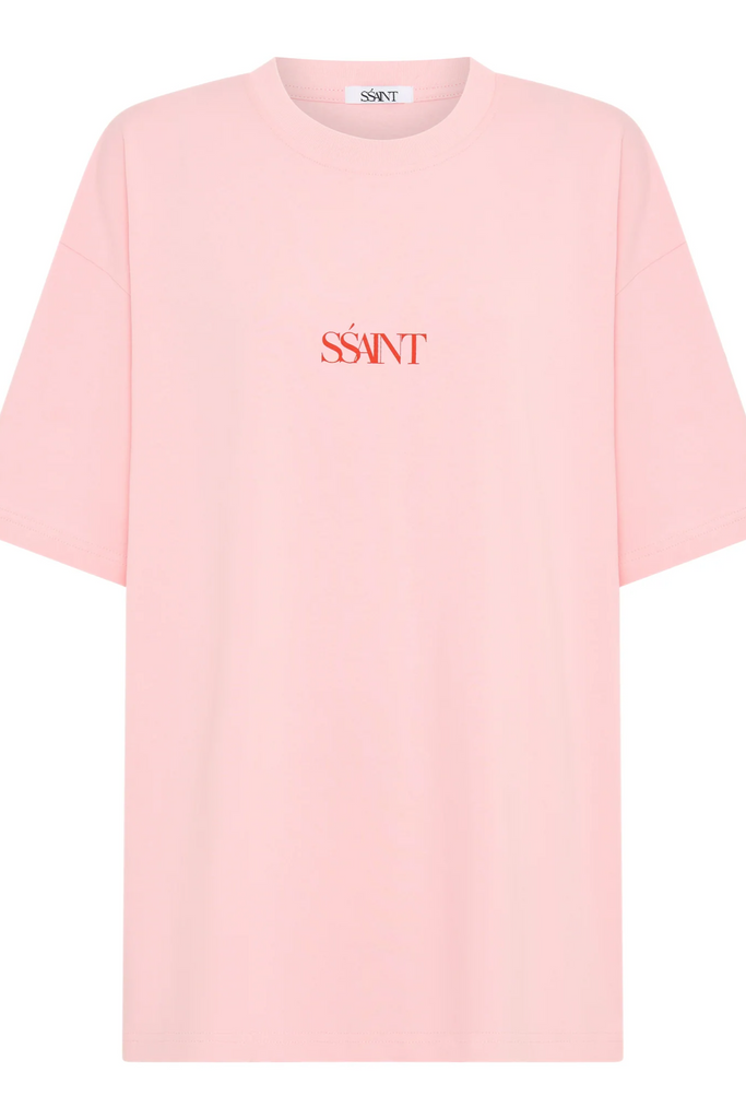 Pink t-shirt with 'The Saint' logo on a white background
