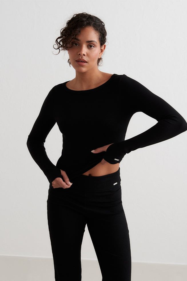 Ease Ribbed Long Sleeve Top | Black