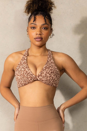 Momentum Twist Sports Bra | Mocha Leopard