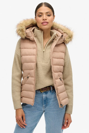 Fuji Faux Fur Hoooded Gilet | Winter Taupe